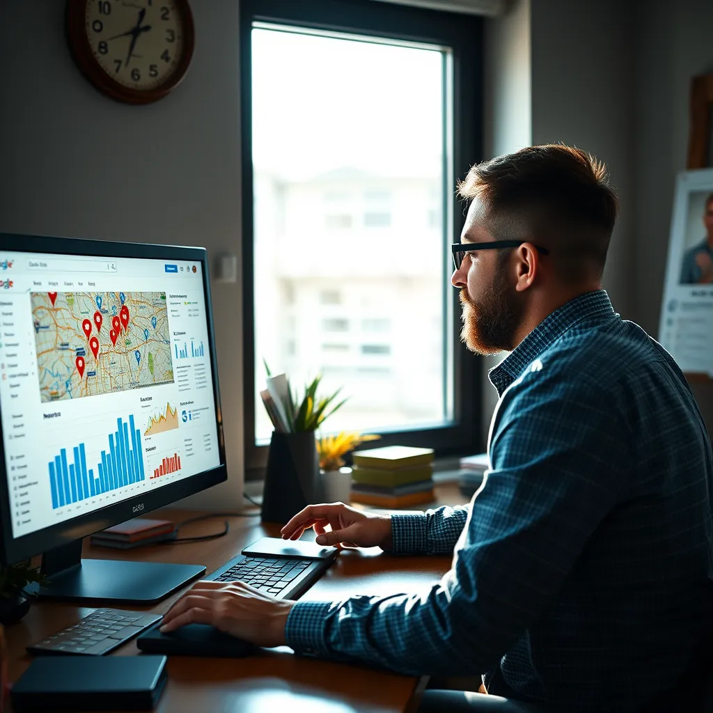 A detailed scene showing a local business owner analyzing local SEO metrics on a computer screen. The workspace is filled with SEO-related charts and graphs, a map with local markers, and a Google My Business page open. Natural lighting coming through a window. 