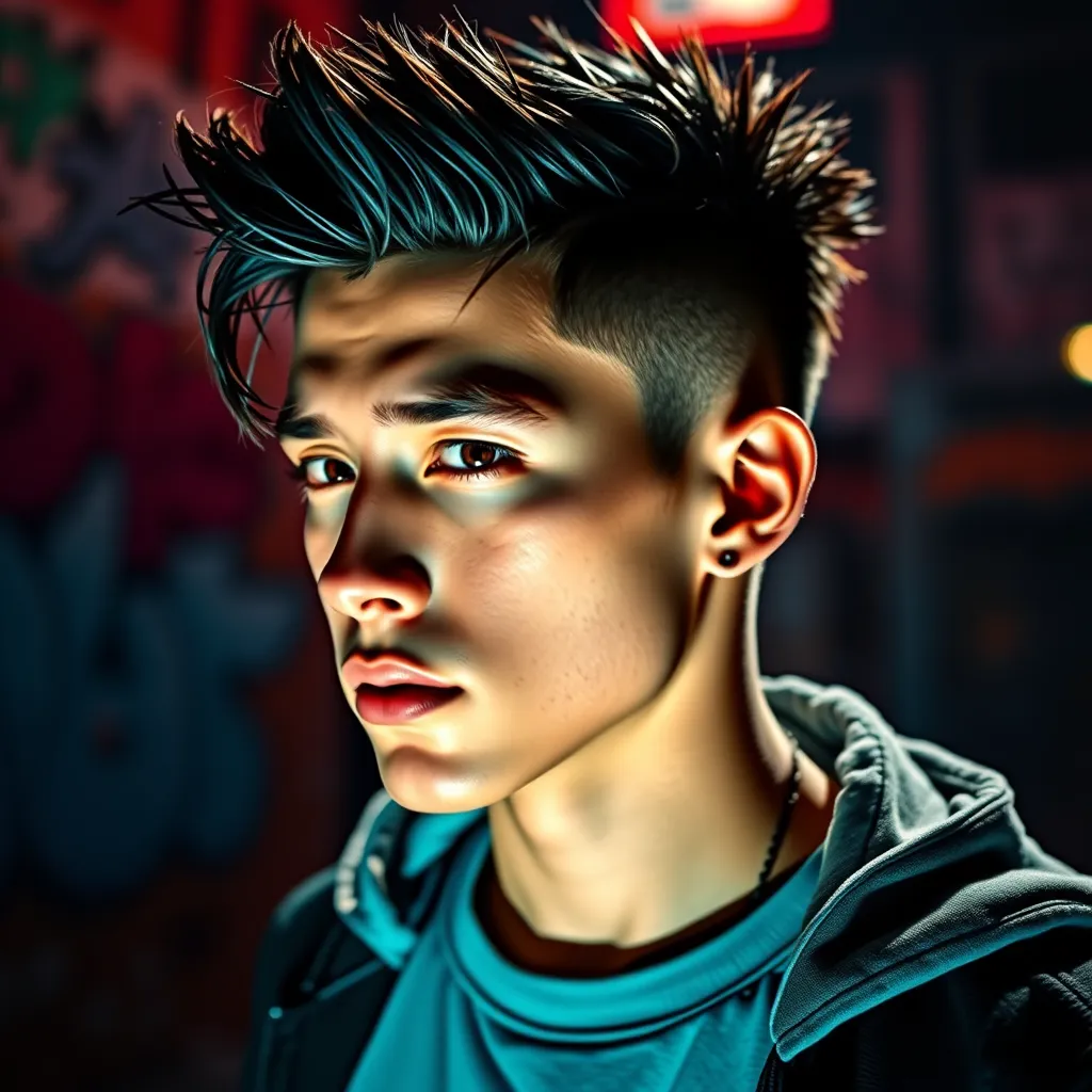 A dynamic and stylized portrait of a young man with a modern, edgy haircut. The lighting is dramatic, with strong side lighting that highlights the contours of his face and hair. He is wearing casual, trendy clothing that reflects his individual style. His hair is styled with a bold, textured look, featuring sharp lines and geometric shapes. The background is a vibrant, urban setting, with elements such as graffiti walls or street art. The image should have a high-contrast, cinematic feel, showcasing the bold lines and textures of the haircut and the energy of the environment. Render the scene in a contemporary, urban aesthetic, inspired by modern fashion photography.