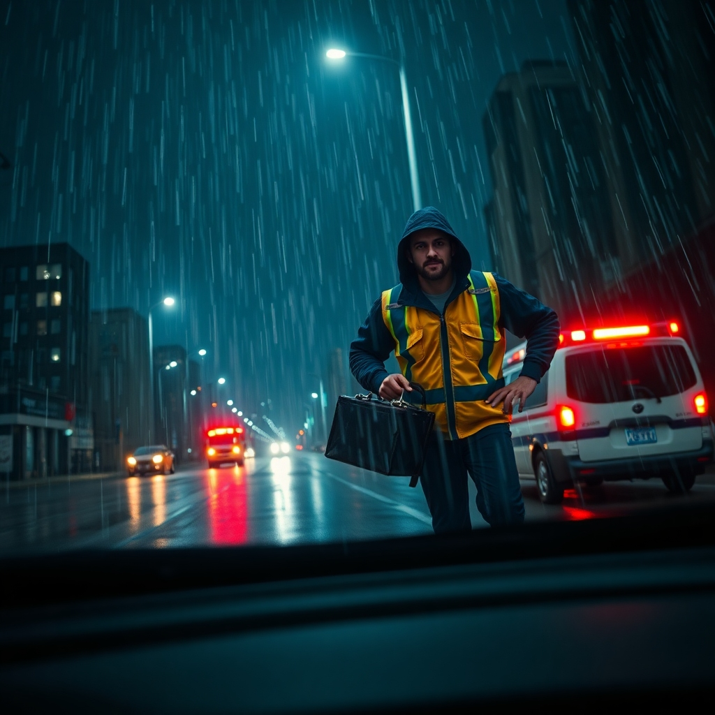 A dynamic image depicting an electrician responding to an emergency call during a stormy night in Montreal. Rain streaks across the frame, reflecting the city lights. An electrician, clad in rain gear, is seen rushing towards a building carrying a toolbox. The lighting is dramatic, with flashes of lightning illuminating the scene. The color palette is dominated by dark blues and grays, punctuated by the bright yellow of the electrician's safety vest and the red of emergency vehicle lights in the distance. The camera angle is slightly low, emphasizing the urgency and the scale of the storm. Details include the rain droplets on the windshield, the reflection of the city lights, and the electrician's determined expression. Style references: Film noir, action photography. Technical specs: 4K resolution, realistic rendering with enhanced atmospheric effects.