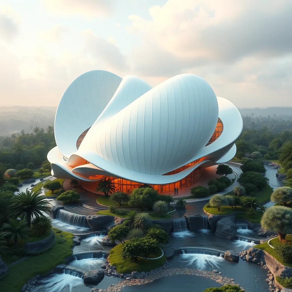 A futuristic building inspired by natural forms, resembling a giant seashell or a flower, with flowing lines and organic shapes. Surrounding it are lush gardens and flowing water, illustrating the seamless integration of nature and architecture in a harmonious environment.