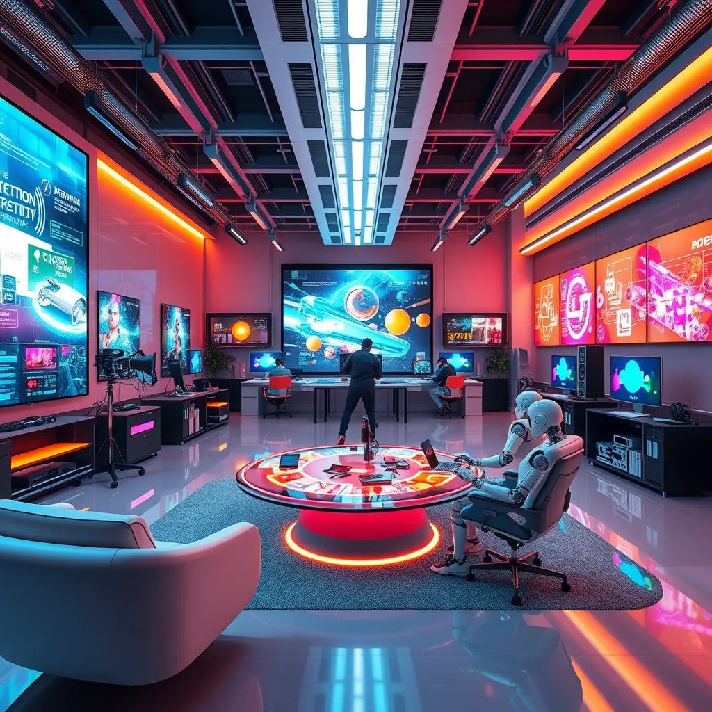 A futuristic design studio filled with high-tech gadgets, holographic displays, and robots assisting human designers. The setting features sleek, modern furniture, ambient lighting, and colorful screens showcasing interactive design concepts, blending technology and creativity harmoniously.