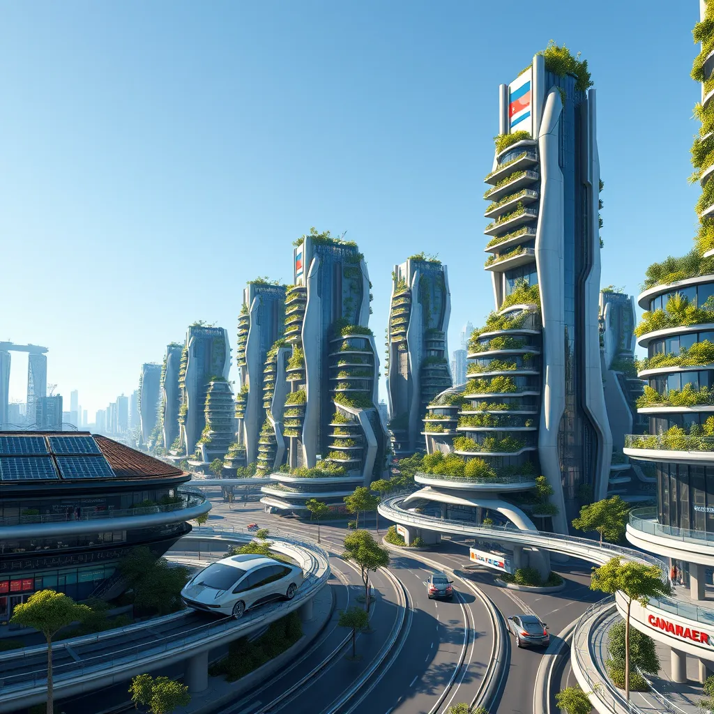 A futuristic urban landscape that features green buildings with solar panels and vertical gardens, interconnected with futuristic transportation like electric hover cars. The scene is set during the day under a clear blue sky, demonstrating a perfect blend of innovation and sustainability.