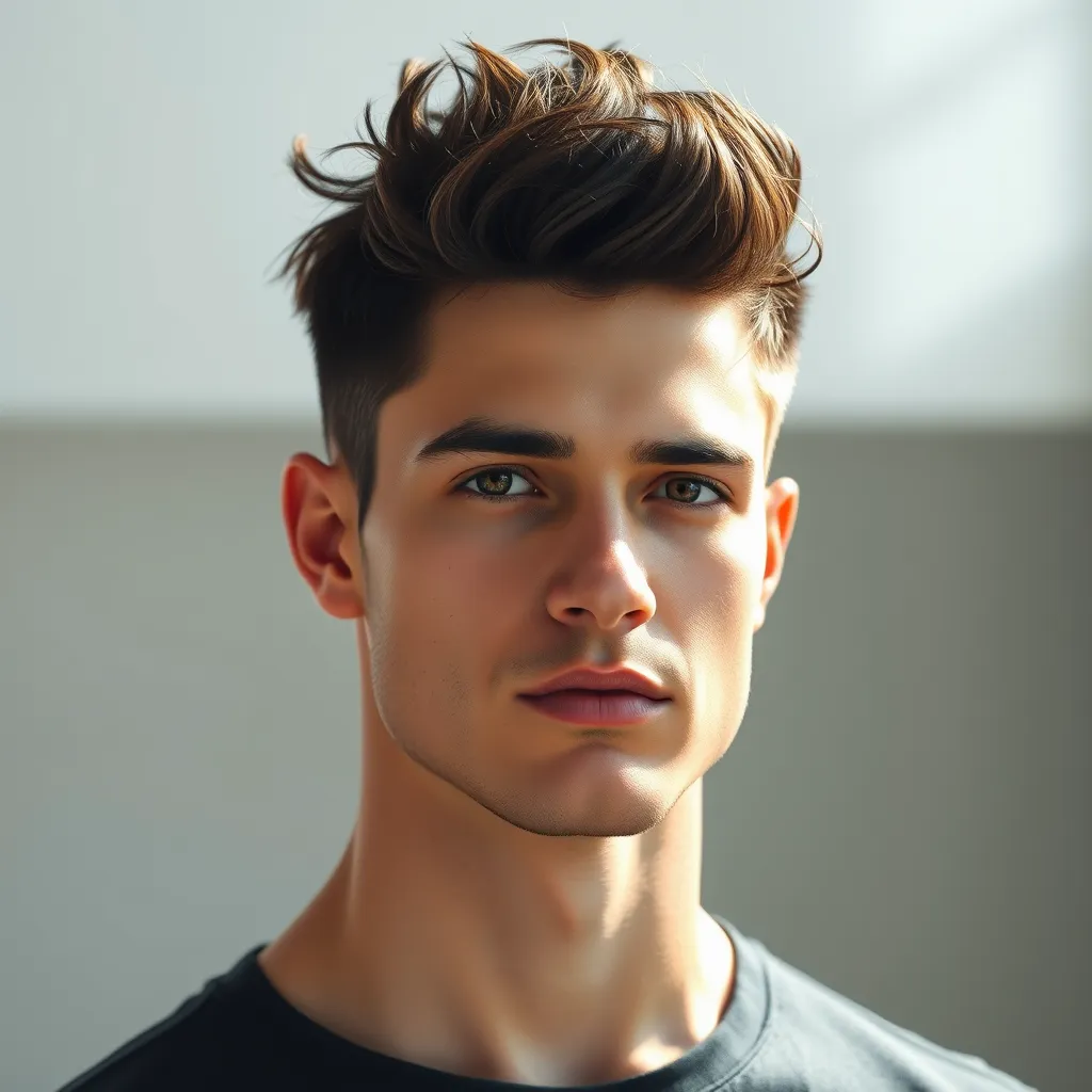 A handsome man with short, faded hair on the sides and longer, textured hair on top, styled with a modern, messy look. The hair is naturally dark brown, and the man has a sharp jawline and a confident expression. The background is a minimalist studio setting with natural lighting.