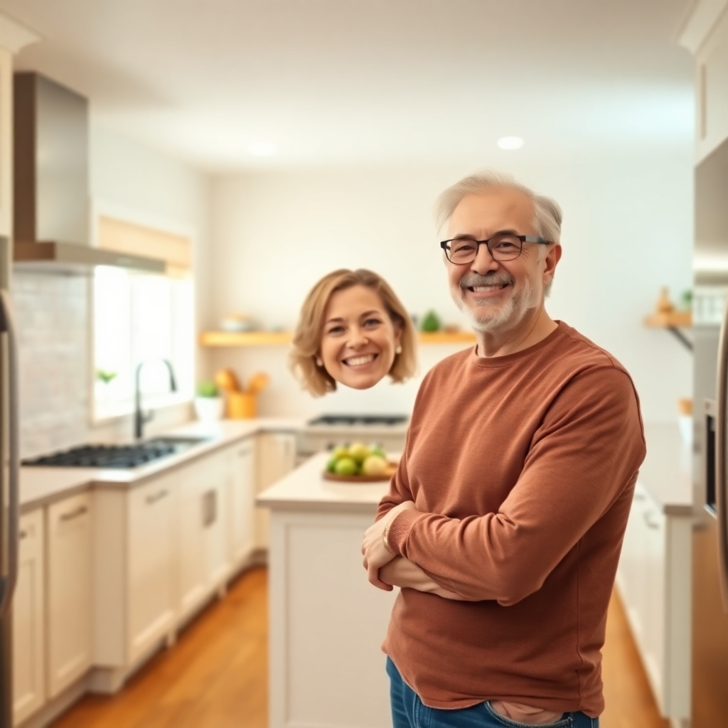 A happy homeowner standing in their newly renovated kitchen, smiling and looking satisfied. The kitchen is bright, modern, and functional. The scene conveys a sense of accomplishment and customer satisfaction. Color palette: Bright and cheerful, with a focus on natural light. Camera angle: Wide shot, capturing the entire kitchen and the homeowner's expression. Style: Lifestyle, emphasizing the positive impact of the renovation. Technical specs: 4K resolution, high quality.