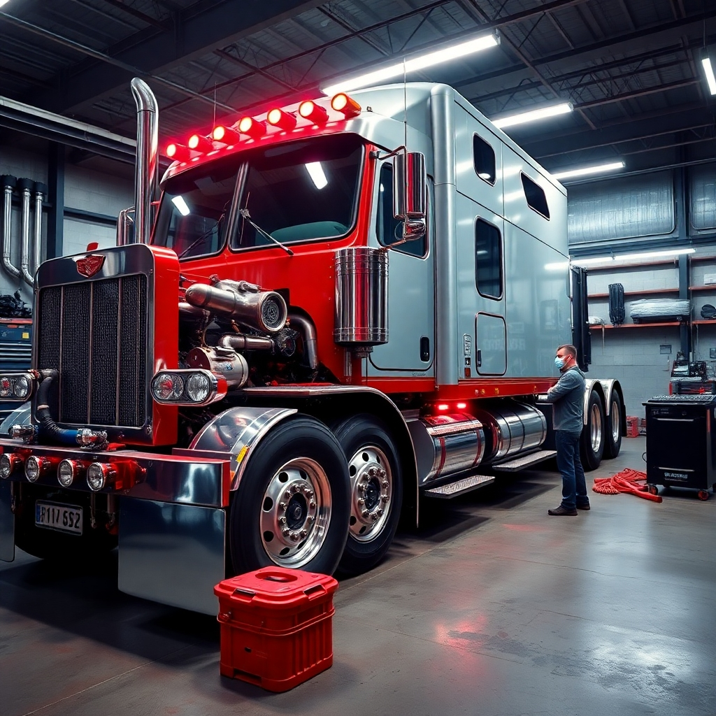 A high-quality, photorealistic image of a mechanic working on a large truck in a well-equipped workshop. The truck has visible modifications like a custom exhaust system and performance-enhancing parts. Tools and electronic diagnostic equipment are around, emphasizing a professional environment.
