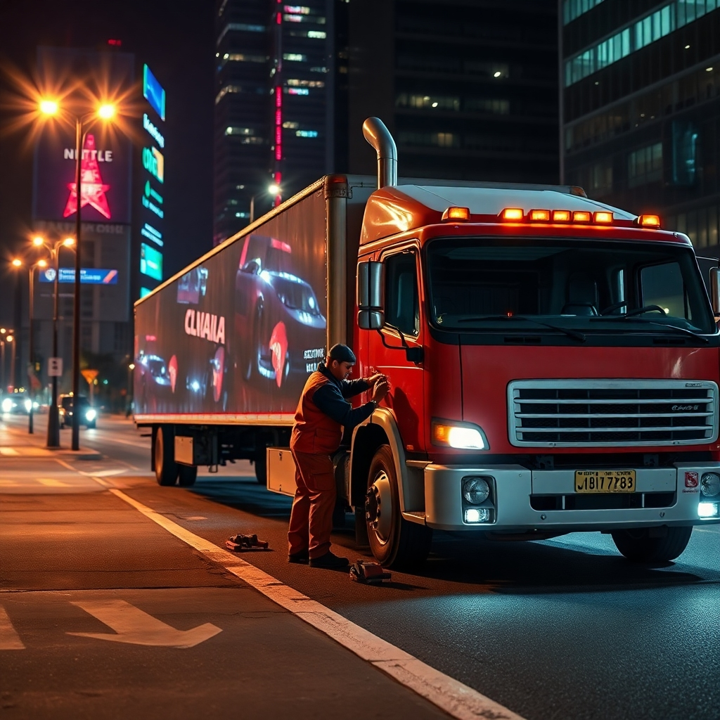A high-quality, photorealistic image depicting a mobile repair truck in a city setting at night, with a mechanic assisting a broken-down truck on the roadside, under city lights. The mechanic is working with tools, and the scene conveys urgency and professionalism.