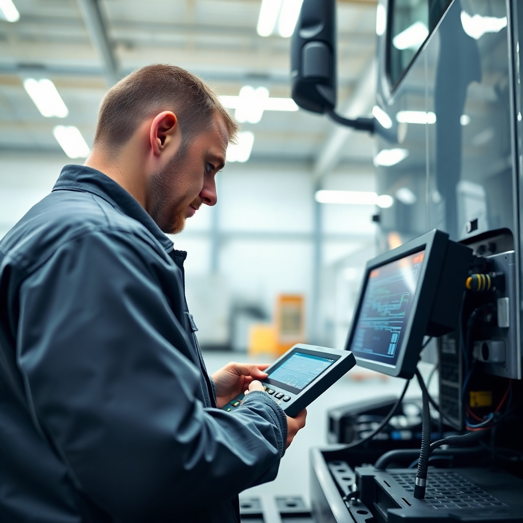 A high-quality, photorealistic image of a mechanic working on the electronic modules of a truck in a bright, modern garage. The focus is on the mechanic using a diagnostic tool connected to the truck, with screens displaying electronic data.