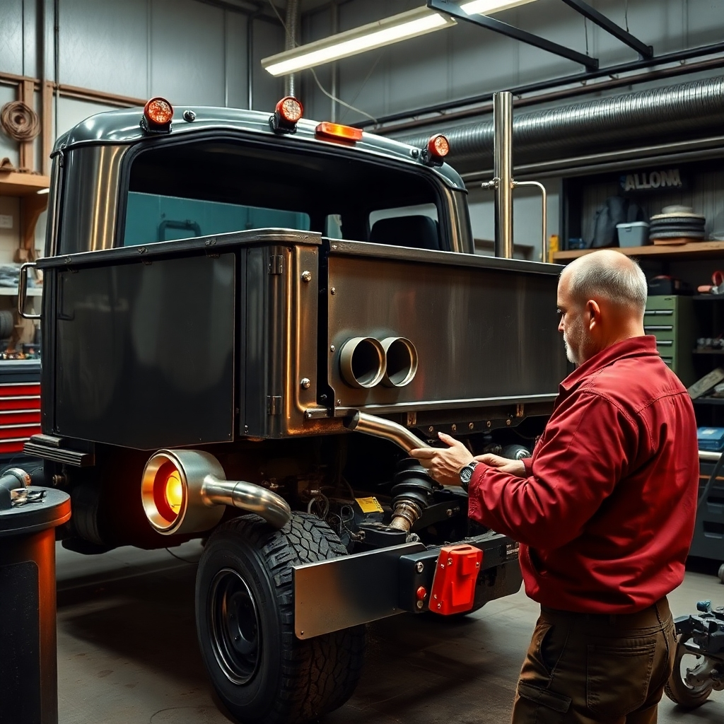 A high-quality, photorealistic image showing a mechanic customizing a truck in a workshop, with various tools and equipment around. The truck has visible modifications being made, showcasing upgrades like a new exhaust system and enhanced suspension.
