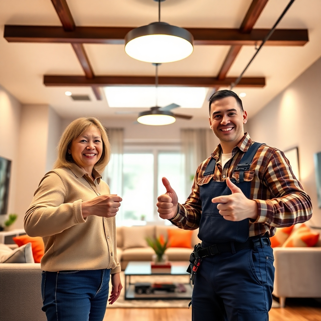 A high-quality image portraying a completed electrical installation project, showcasing the satisfaction of a job well done. The scene features a modern living room with newly installed lighting fixtures and a perfectly functioning smart home system. The homeowner is smiling and giving a thumbs-up to the electrician, who is also smiling proudly. The lighting is bright and balanced, highlighting the quality of the installation. The color palette is warm and inviting, with earthy tones and pops of color from the furniture. The camera angle is a wide shot, capturing the entire room and the positive interaction between the homeowner and the electrician. Details include the new lighting fixtures, the smart home controls, and the overall ambiance of a comfortable and functional home. Style references: interior design photography, customer testimonial. Technical specs: 4K resolution, realistic rendering with a focus on detail and quality.
