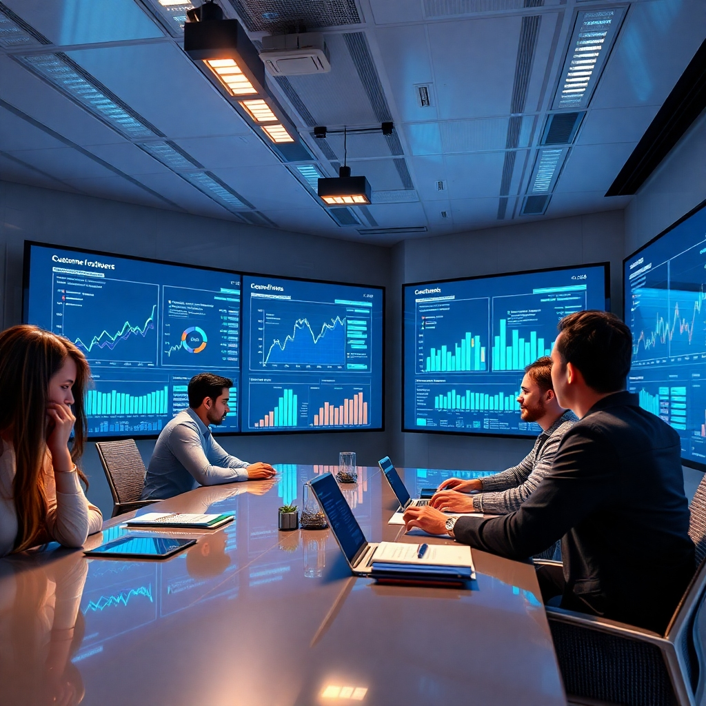 A high-tech data analysis environment featuring large screens with graphs and analytics on customer interaction data related to chatbots. Include diverse team members discussing insights over a conference table, emphasizing collaboration and continuous improvement in service delivery.
