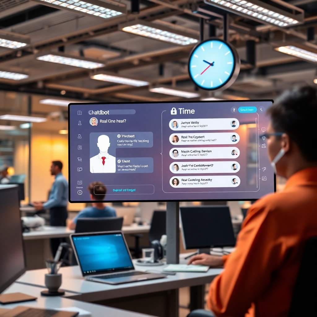 A high-tech office environment with a virtual chatbot interface on a screen, showing real-time chat interactions. The background has employees engaging with customers, and a clock indicating fast response time. The atmosphere is vibrant with technology and human interaction.