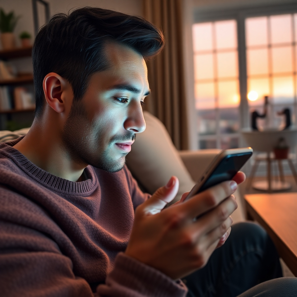 A highly detailed image illustrating a customer interacting with a chatbot on a smartphone in a cozy living room setting. Dramatic side lighting highlights the person's face, displaying concentration and engagement. The color palette consists of warm tones like soft beige and hints of teal, creating a relaxed mood. The camera perspective should be close-up, focusing on the smartphone screen and the user's facial expression. Textures include plush cushions and a wooden table, enhancing the homely ambiance. Background elements like a bookshelf with plants and a subtle window view showing a sunset add depth. Style reference includes hyperrealistic works inspired by photographer Steven Meisel, with an emphasis on 8K resolution and ultra-detailed realism.