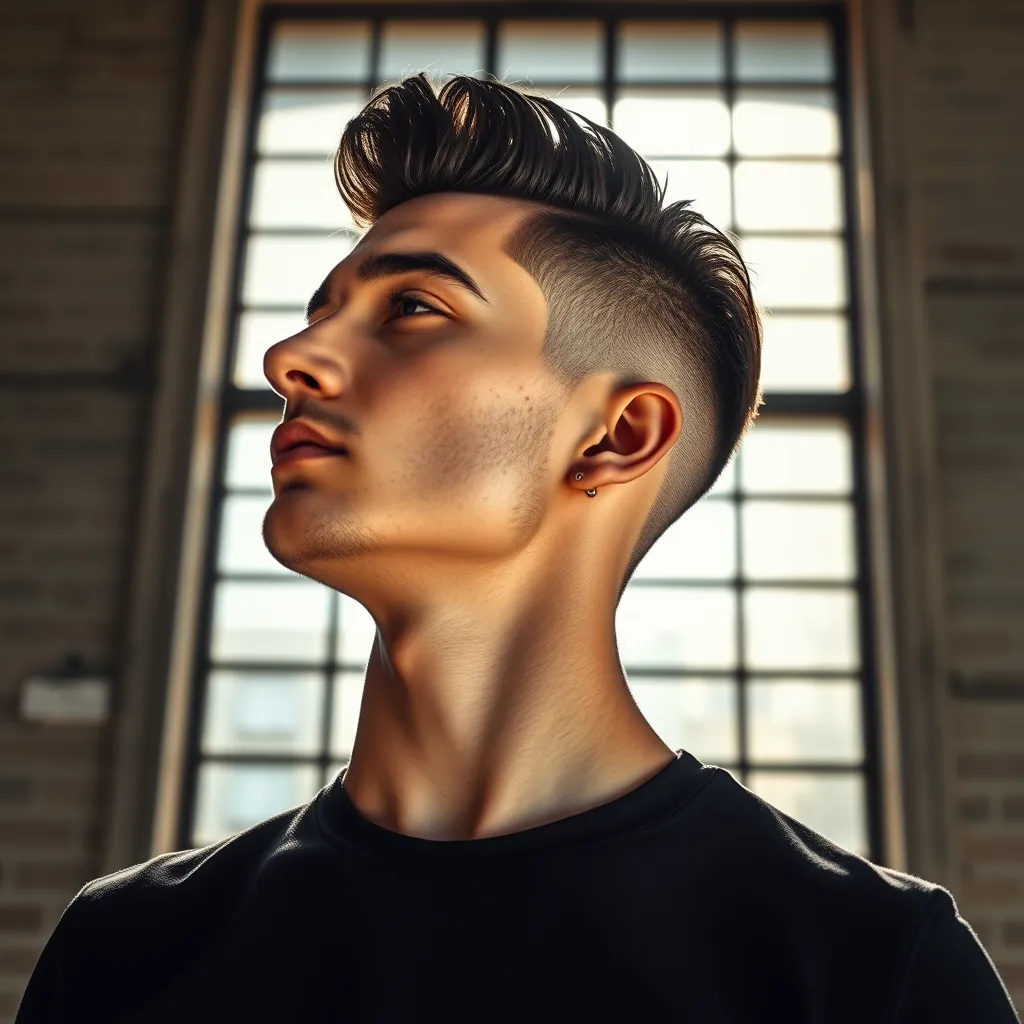 A hyperrealistic image of a man with a modern fade haircut, standing in front of a large, industrial-style window. The fade should be sharp and well-defined, transitioning seamlessly from short to long hair. The man's hairstyle should be styled with a matte finish, creating a textured and contemporary look. The lighting should be dramatic, with natural light streaming through the window, casting long shadows and highlighting the details of the fade. The background should feature a concrete wall with exposed brickwork, creating a modern and urban aesthetic. The image should be captured from a low angle, emphasizing the man's height and the dynamic nature of the fade. The overall mood should be edgy and stylish, reflecting the latest trends in men's grooming.