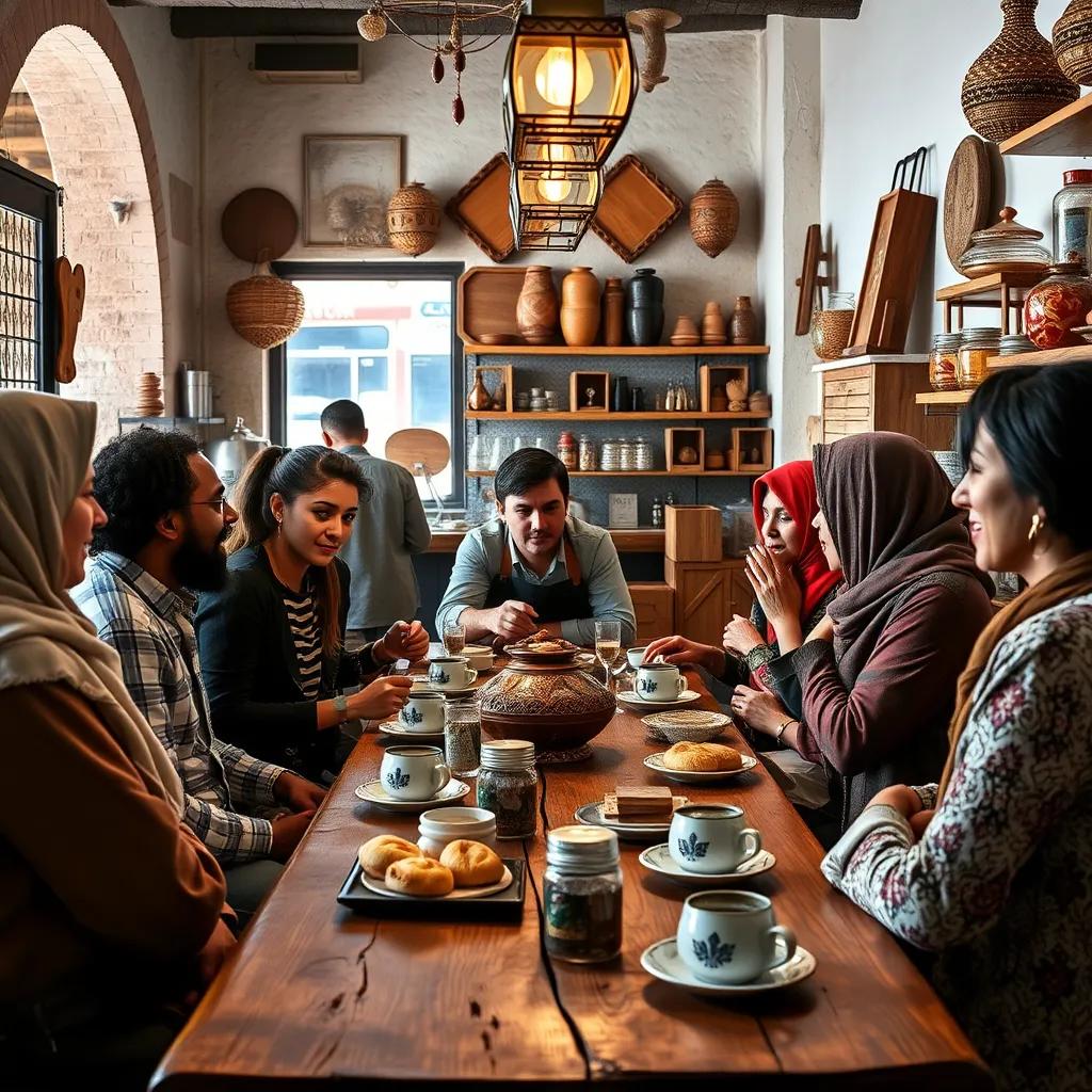 A lively bakery atmosphere where people gather. Show a diverse group of customers enjoying Moroccan tea and pastries together at a rustic wooden table, with friendly staff interacting. Incorporate elements of community, such as decorations that reflect Maghreb culture.