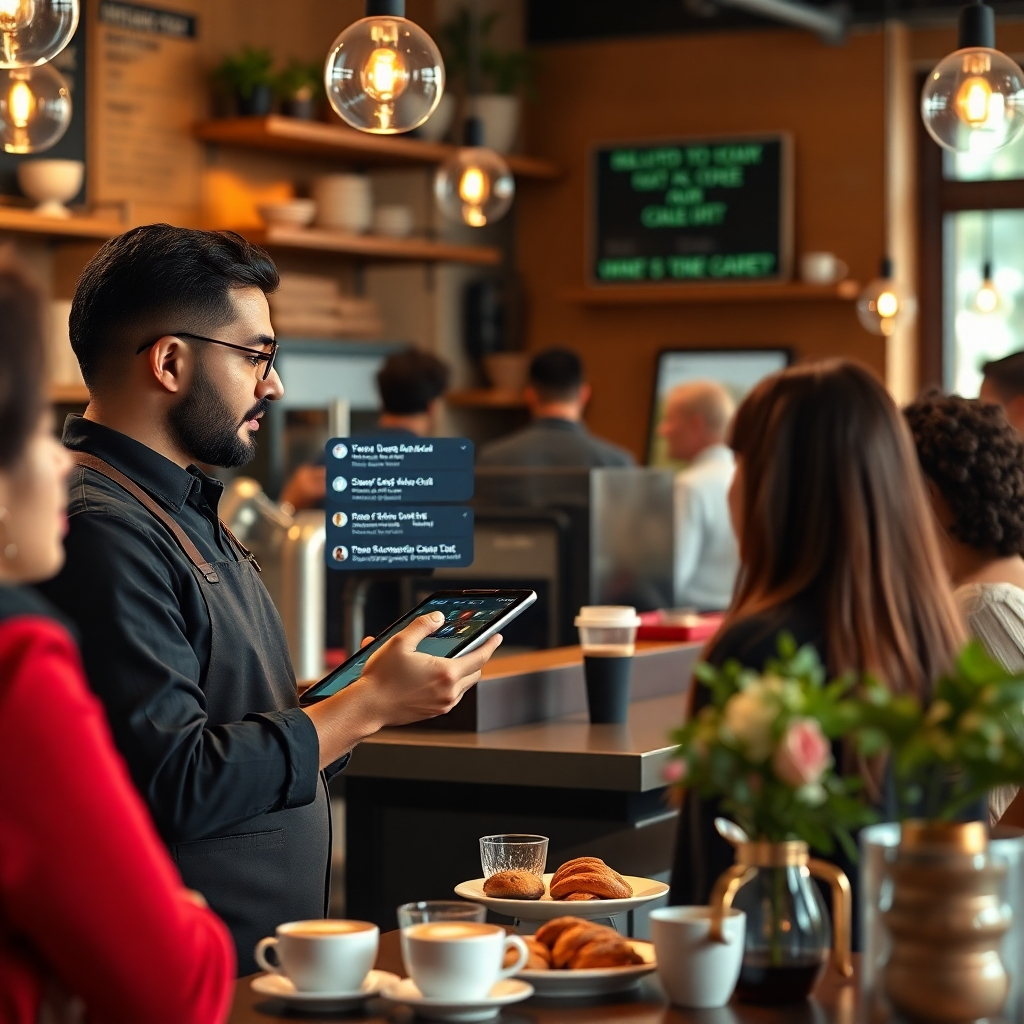 A lively café scene with a barista using a tablet to interact with a chatbot. The screen shows personalized messages to customers. Include diverse customers receiving tailored recommendations, all in a warm and inviting environment filled with coffee and pastries.