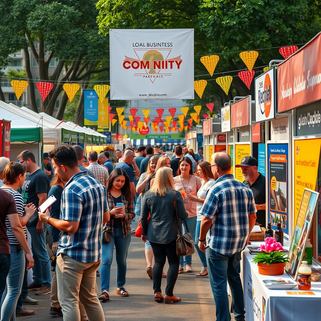 A lively community event showcasing local businesses with booths and displays. People are networking, discussing partnerships, and sharing promotional materials. The setting is outdoors with banners and vibrant decorations representing local brands.