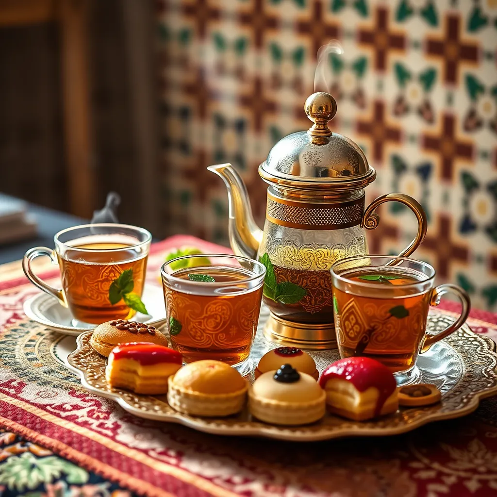 A luxurious setting featuring a beautifully arranged tea set with traditional Moroccan teapots and delicate glass cups, filled with steaming mint tea. The composition includes an assortment of colorful pastries laid out on an ornate plate. Soft diffused lighting bathes the scene in a warm glow, creating an inviting ambiance. The color palette should include rich golds, greens, and vibrant reds. The camera angle is slightly tilted to capture both the intricacies of the tea set and the colorful pastries. Textural details highlight the delicate engravings on the teapot and the soft sheen of the pastries. In the background, traditional Moroccan tiles can be hinted at, adding cultural depth. The environment should feel cozy and elegant, inviting customers to indulge in a moment of relaxation. The style should reflect high-class food photography, with 8K resolution, hyperrealistic details, and a composition that stimulates the viewer's senses.