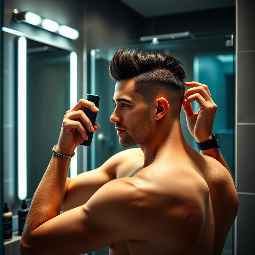 A man standing in a modern bathroom, applying hair products to his hair. The image should showcase a variety of grooming tools and products, such as styling creams, waxes, and hairspray. The man's hair should be styled in a trendy modern haircut, highlighting the effect of the styling products.