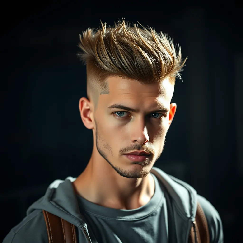 A man with a sharp undercut hairstyle. The sides are shaved very short, while the top is styled with long, textured hair, creating a bold contrast. The man is wearing a casual, modern outfit and has a cool, edgy expression. The background is a dark, industrial setting with dramatic lighting.