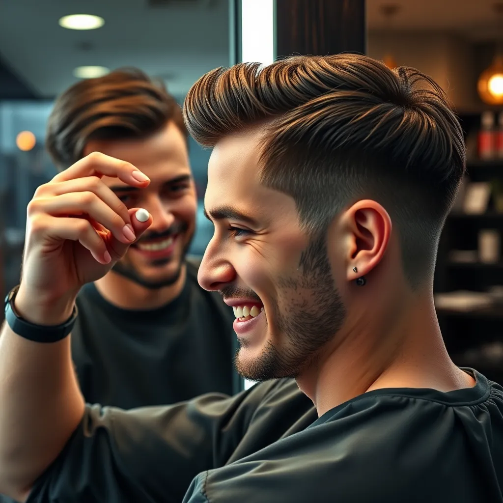 A man with a stylish haircut, applying a small amount of hair wax to his hair with a mirror reflection showing him smiling. The background is a stylish, modern barber shop.