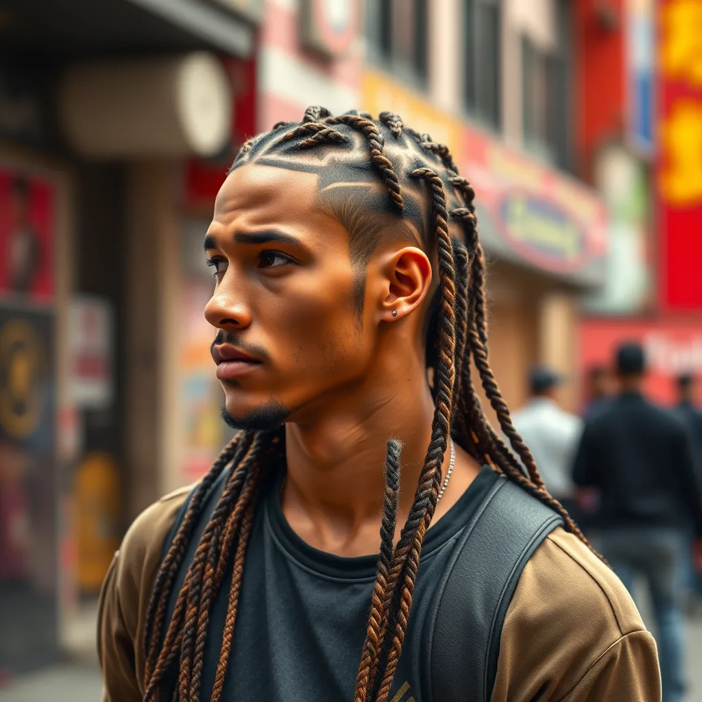 A man with intricately braided hair, maybe with some shaved designs or patterns, wearing a casual outfit. He is looking to the side, showcasing the intricate details of his braids. The background is a vibrant, urban setting.