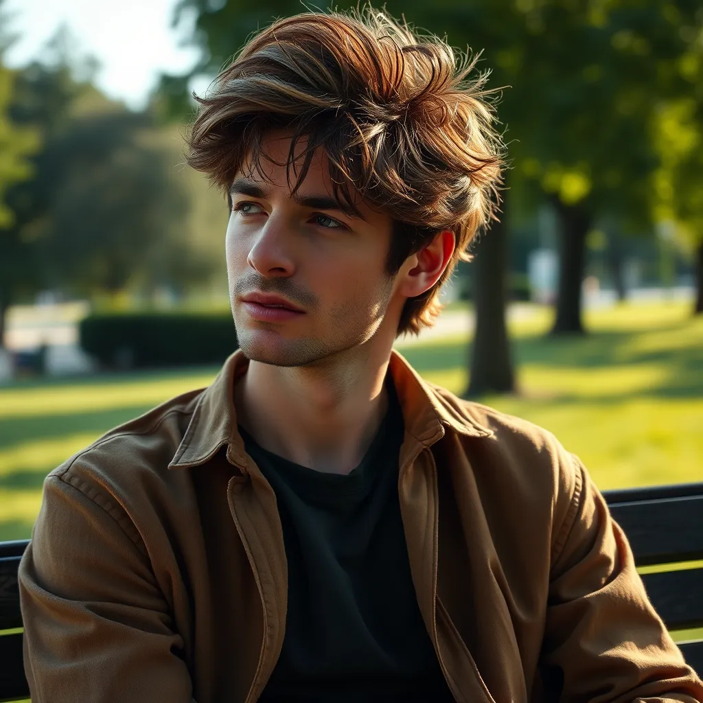 A man with messy, textured hair, possibly with some highlights or lowlights, wearing a comfortable casual outfit. He is sitting on a park bench, relaxing and enjoying the sun. The background is a peaceful, green park setting.