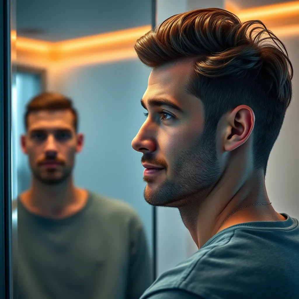 A man with oval face shape, trying on different hairstyles, like a short crew cut, a medium-length comb-over, and a long wavy hairstyle. He is looking at himself in the mirror with a satisfied expression. High-quality, photorealistic, and detailed.