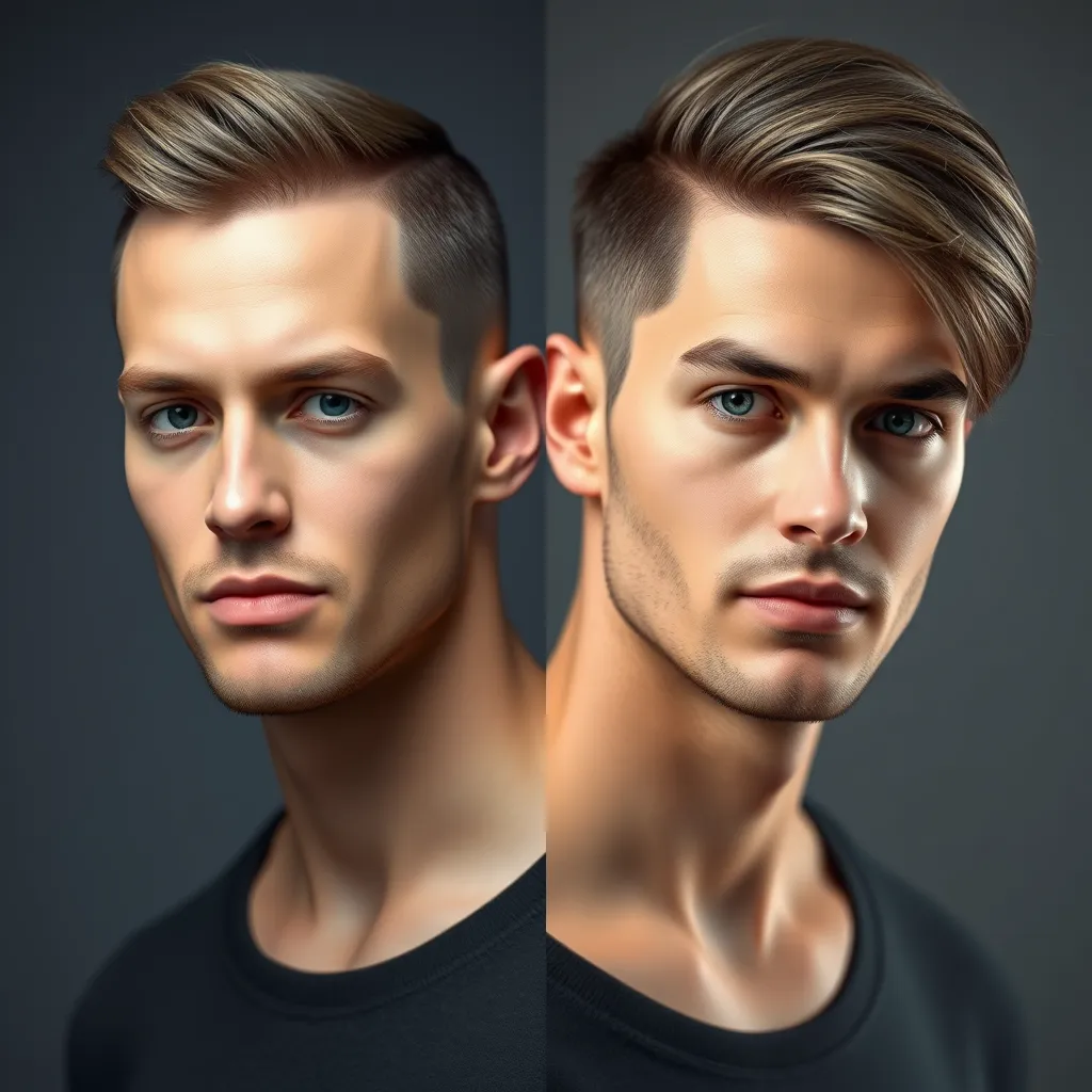 A man with round face shape, showing the difference between a short crew cut and a medium-length side-swept hairstyle. The first one emphasizes his roundness, while the second one lengthens his face. High-quality, photorealistic, and detailed.