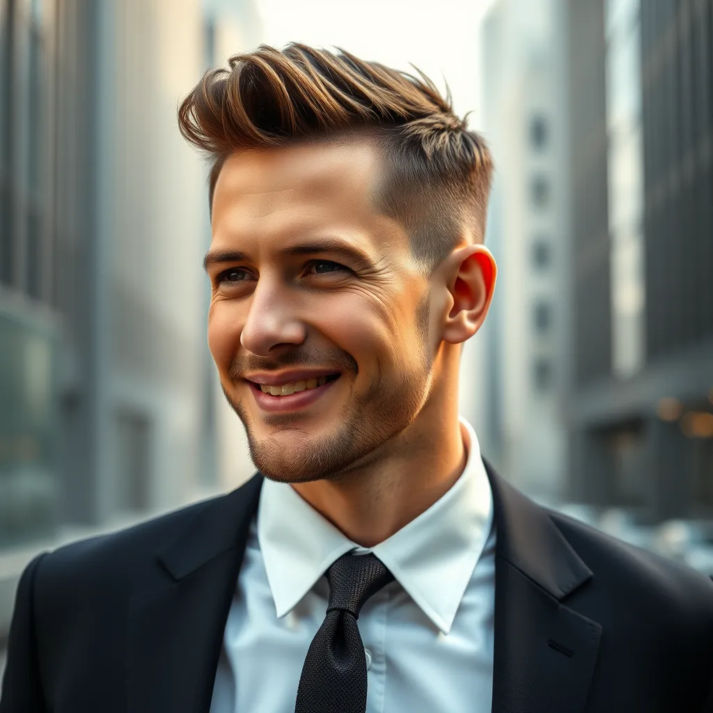 A man with short, styled hair, maybe a fade or textured style, wearing a stylish suit. He is smiling confidently and looking towards the camera. The background is a modern city with a minimalist style.