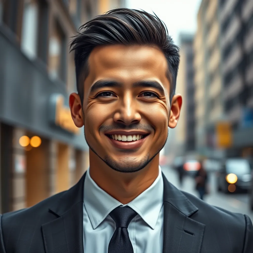 A man with short, styled hair, smiling confidently. He is wearing a tailored suit and a stylish watch. The background is a modern city street.