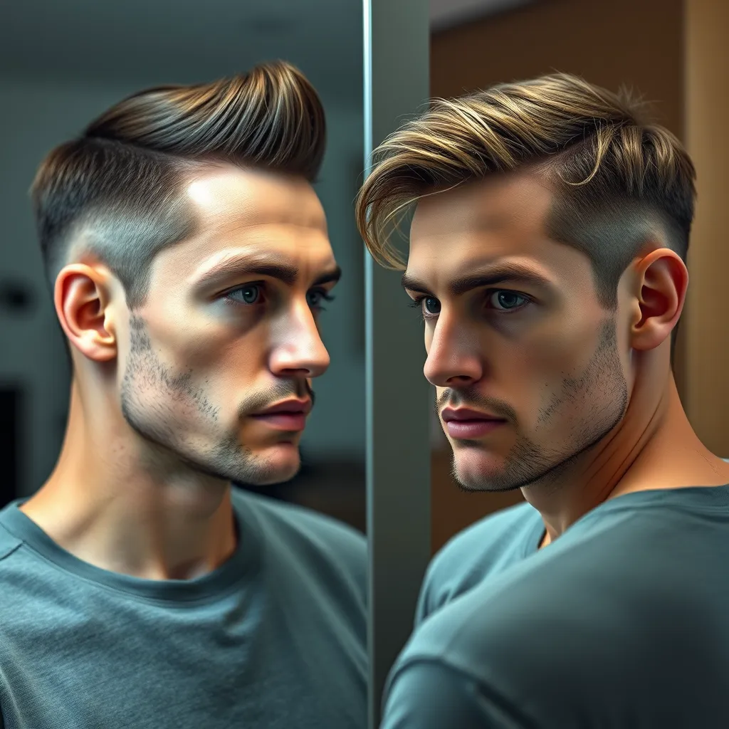 A man with square face shape trying two different hairstyles. One is a sharp and defined crew cut, while the other one is a soft, layered hairstyle. He is looking at himself in the mirror, and the second hairstyle makes his face appear softer and less angular. High-quality, photorealistic, and detailed.