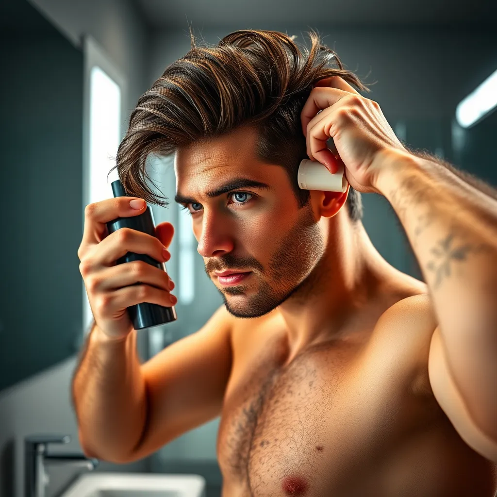 A man with thick, healthy hair, applying hair product. He is standing in a well-lit bathroom with sleek, modern fixtures. The image should convey a sense of self-care and grooming.