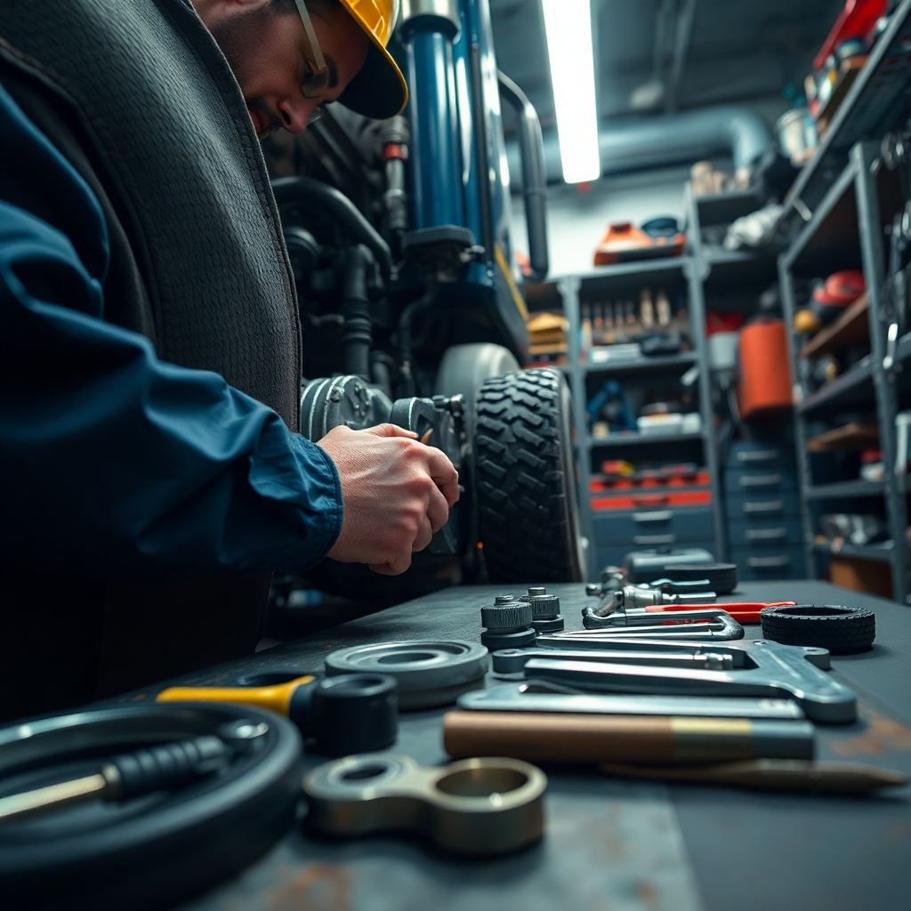 A mechanic repairing a large truck in a well-equipped mobile workshop under soft diffused lighting. The scene captures a close-up of the mechanic, mid-action, with detailed tools laid out on a workbench. The color palette includes deep blues and metallic greys, conveying a sense of professionalism. Shot from a low angle, focusing on the worker's hands as they fix a mechanical component. Textures of metal and rubber are prominently featured, showcasing the rugged nature of the truck's parts. The background includes shelves filled with tools and spare parts, hinting at a well-organized mobile unit. This photorealistic image infuses a sense of expertise and reliability, designed in 8K resolution and hyperrealistic style.