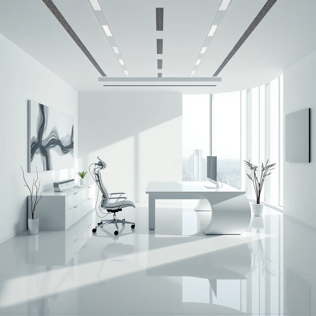 A minimalist futuristic office space with a spacious layout, featuring a sleek white desk with a futuristic computer and an ergonomic chair. Floor-to-ceiling windows let in natural light, and the walls are adorned with abstract art, reflecting a serene yet sophisticated atmosphere.