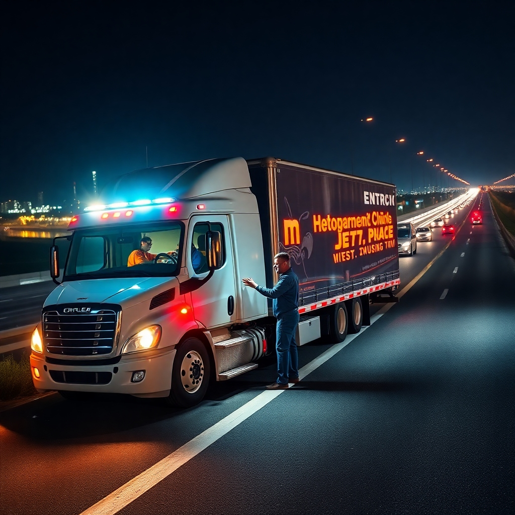 A mobile service truck parked on the side of a busy highway at night, with emergency lights flashing. A technician is assisting a truck driver with a mechanical issue, under the glow of portable lights. The scene emphasizes urgency and professionalism with city lights in the background.