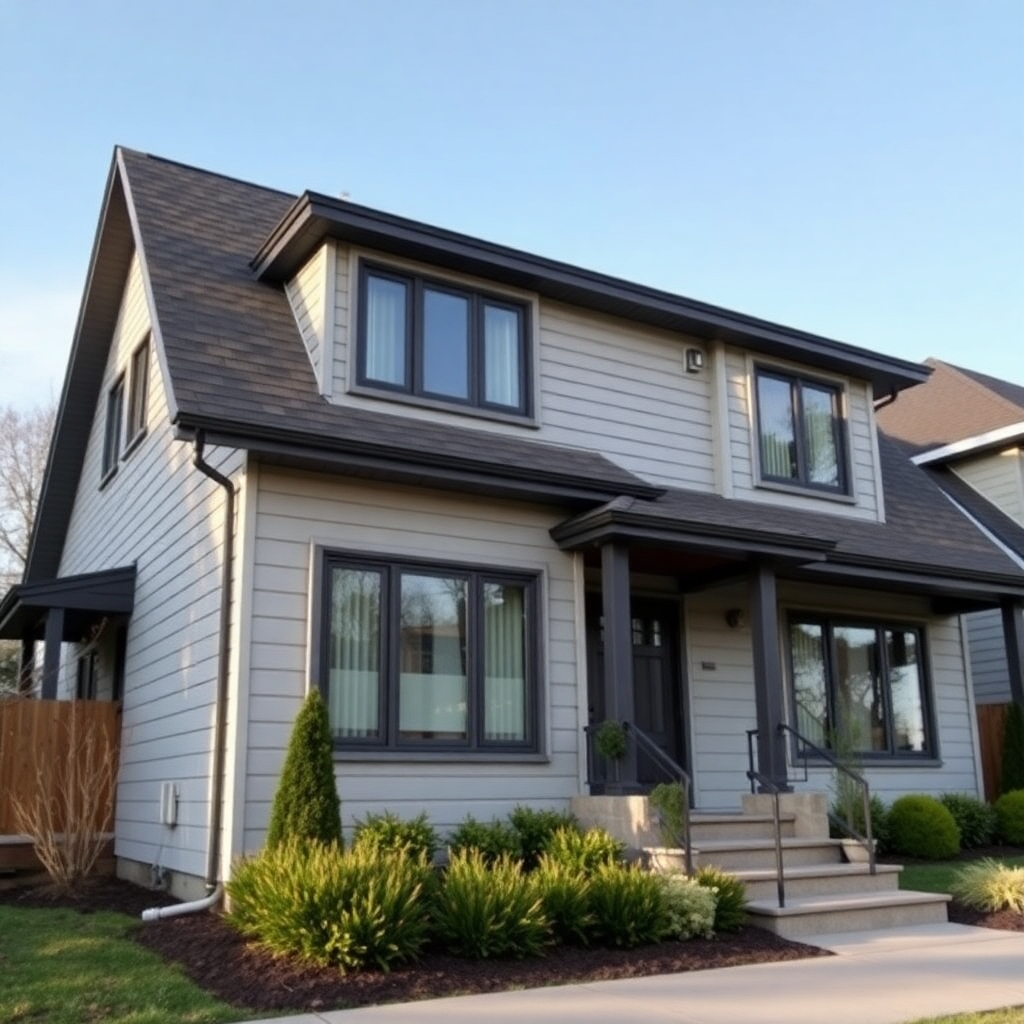 A newly renovated facade of a house featuring modern cladding and high-quality roofing. The image conveys a lasting impression. The house is situated in a well-maintained neighborhood and photographed during the daytime. Color Palette: The new cladding is a neutral color, complementing the surrounding environment. The color scheme evokes a sense of calm and solidity. Camera Angle: A low-angle shot to enhance the stature and longevity of the building. Style reference is 'Architectural Digest', with emphasis on the enduring quality and appeal. Resolution is 4k, with high detail to show quality of the craftsmanship and new materials.