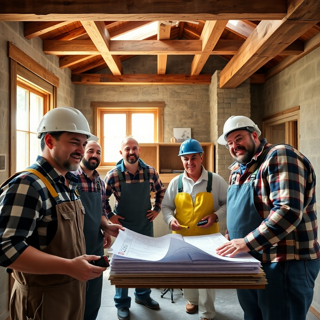 A photorealistic image depicting a team of skilled workers collaborating on a residential renovation project. The scene should convey a sense of professionalism, teamwork, and dedication to quality. The focus should be on the positive interaction between the workers and the visible progress of the renovation. Setting: Inside a partially renovated room with exposed beams and natural light streaming through a window. Color palette: Warm and inviting, with a focus on natural materials like wood and stone. Camera angle: eye-level, capturing the energy of the scene. Details: Emphasize the textures of the building materials, the tools being used, and the expressions of the workers. Props: Include blueprints, measuring tools, and samples of materials. Style: Documentary style, emphasizing authenticity and realism. Technical specs: 4K resolution, high quality.