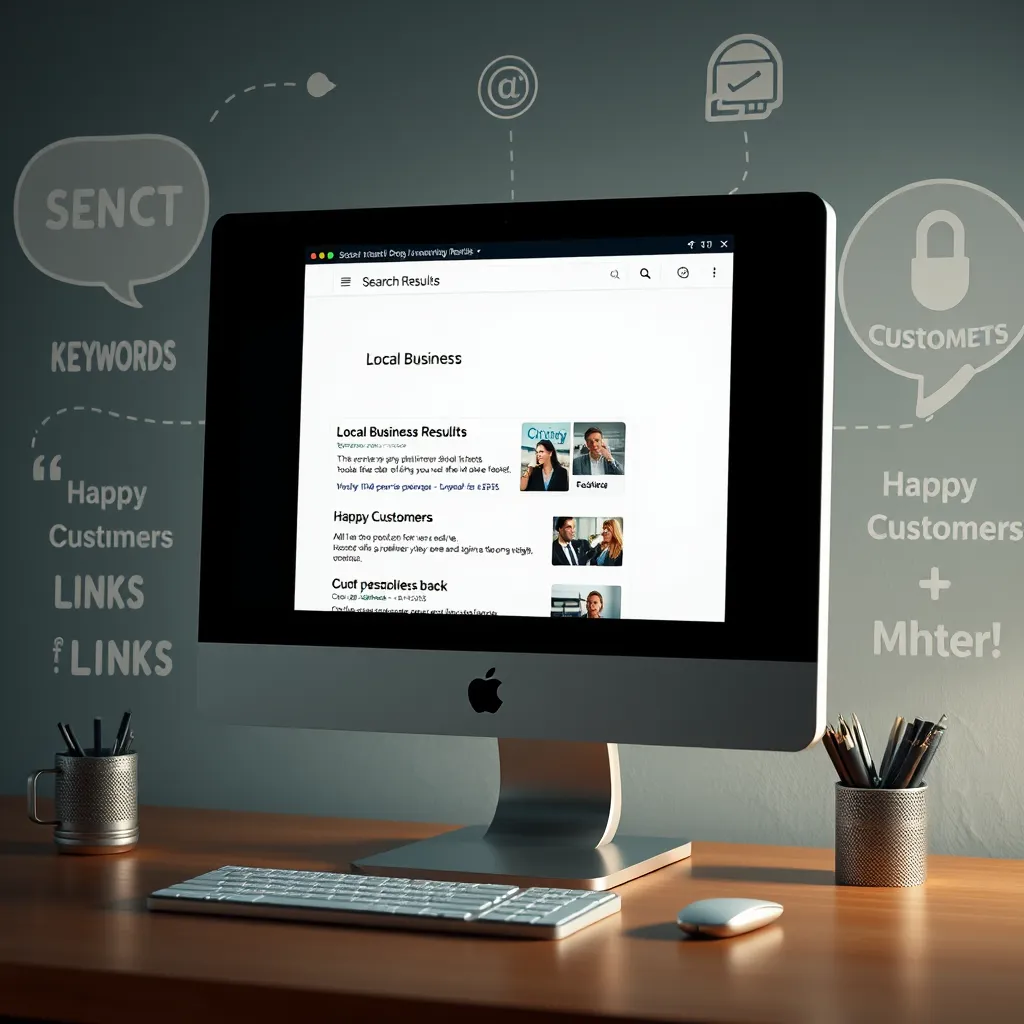 A photorealistic image depicting a computer screen showing a search engine results page with a local business at the top position highlighted. Surrounding the screen, there are visual elements representing search optimization like keywords, links, and happy customers.