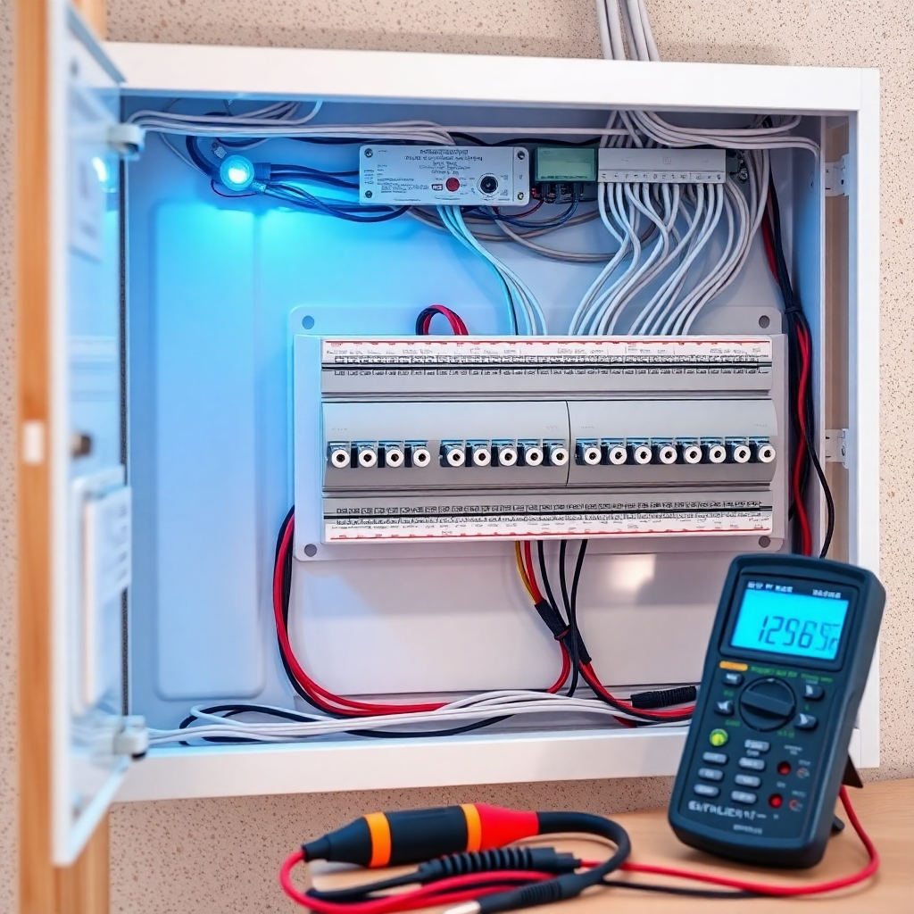 A photorealistic image displaying a modern electrical panel installation in a newly constructed home. The panel is neatly organized with clearly labeled circuits. The wiring is clean and properly connected. Lighting is bright and emphasizes the newness and safety of the installation. Use a shallow depth of field to focus on the panel with the background slightly blurred. Color scheme should be professional with dominant blues, grays and whites. Include a voltmeter or multimeter tool nearby to highlight the testing process. Technical specifications: 4K resolution, hyperrealistic.