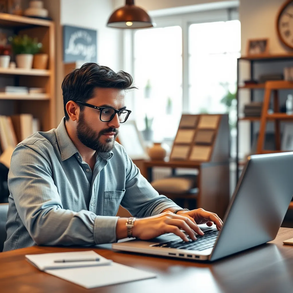 A photorealistic image of a business owner engaging with a negative online review on a laptop, showing a calm and professional demeanor. The background includes a cozy shop environment, symbolizing a local business atmosphere.