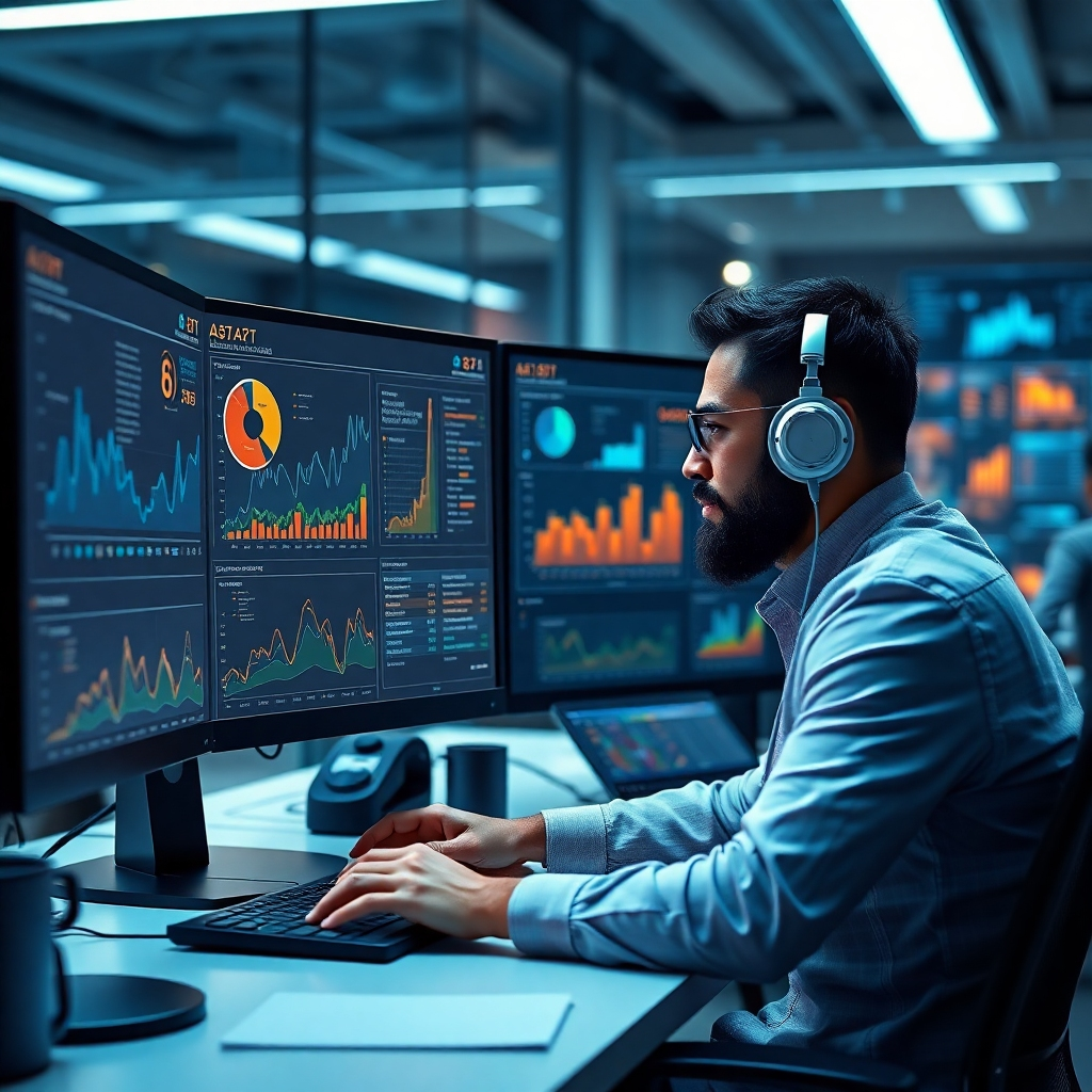 A photorealistic image of a data analyst at work, inspecting detailed chatbot interaction analytics on dual monitors. Include charts and graphs displaying user engagement metrics, with a futuristic office background showcasing technology and innovation.