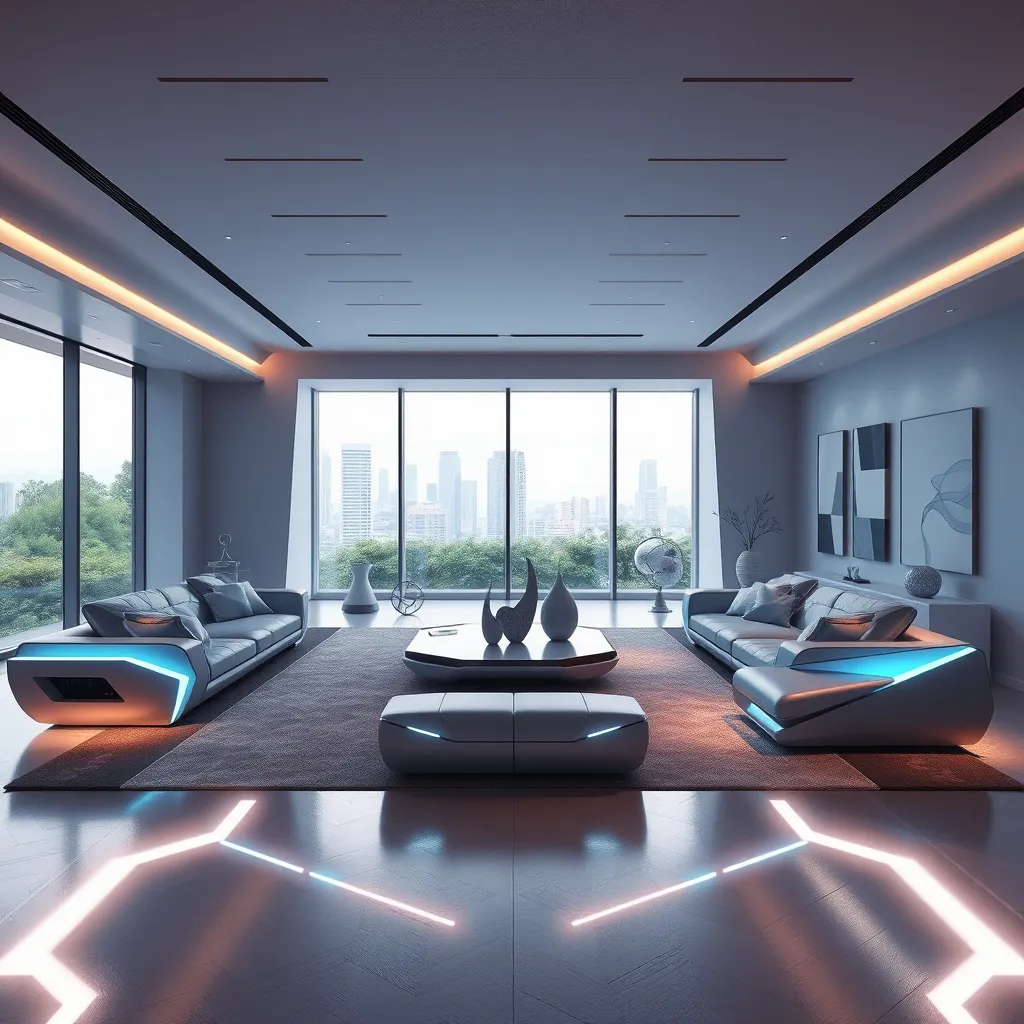 A photorealistic image of a futuristic living room, featuring modular furniture with angular designs and glowing accents. Soft diffused lighting creates a warm yet modern atmosphere. The color palette consists of cool shades of blue, silver, and white, enhancing the high-tech feel. Shot in a wide-angle perspective to capture the entire space, the floor features a polished metallic texture with holographic elements. Large floor-to-ceiling windows allow natural light to illuminate the room, revealing a lush green cityscape outside. Minimalistic decor with geometric sculptures and abstract artwork adds to the aesthetic, all rendered in ultra-detailed 8K resolution with hyperrealistic textures, inspired by the architectural style of Zaha Hadid.
