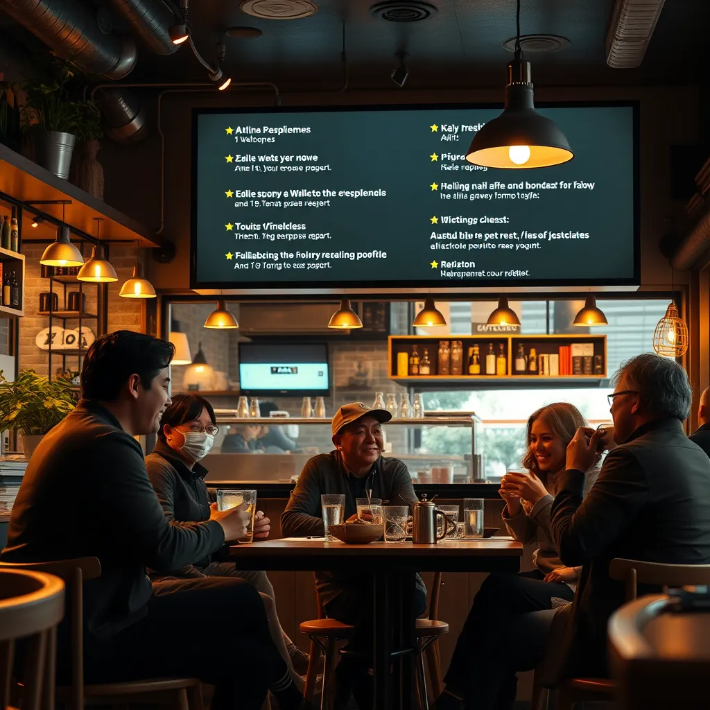 A photorealistic image of a local café with happy customers enjoying their drinks, surrounded by positive online reviews displayed on a digital screen. The café should have welcoming decor, with warm lighting and friendly staff interacting with the patrons.
