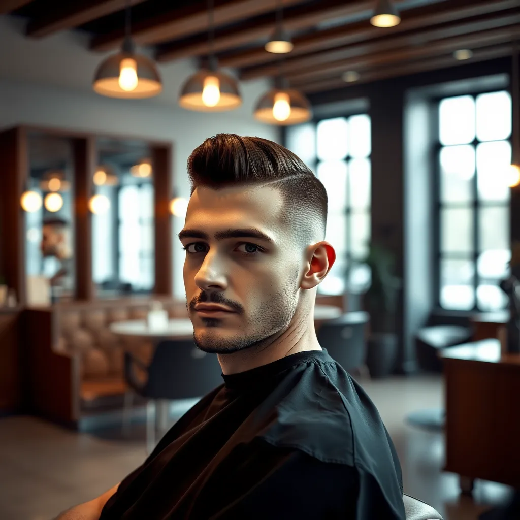 A photorealistic image of a man with a classic haircut, sitting in a barber chair in a modern barber shop. The man should have a sharp, clean-cut hairstyle, with a natural, matte finish. The lighting should be soft and diffused, with a warm color temperature, creating a relaxed and inviting atmosphere. The barber shop should feature sleek, minimalist design elements, with wooden accents and stylish furniture. The background should be blurred, focusing attention on the man's haircut. The image should be captured from a slightly elevated angle, highlighting the details of the haircut and the man's confident expression. The overall mood should be sophisticated and timeless, emphasizing the precision and expertise of the barber.