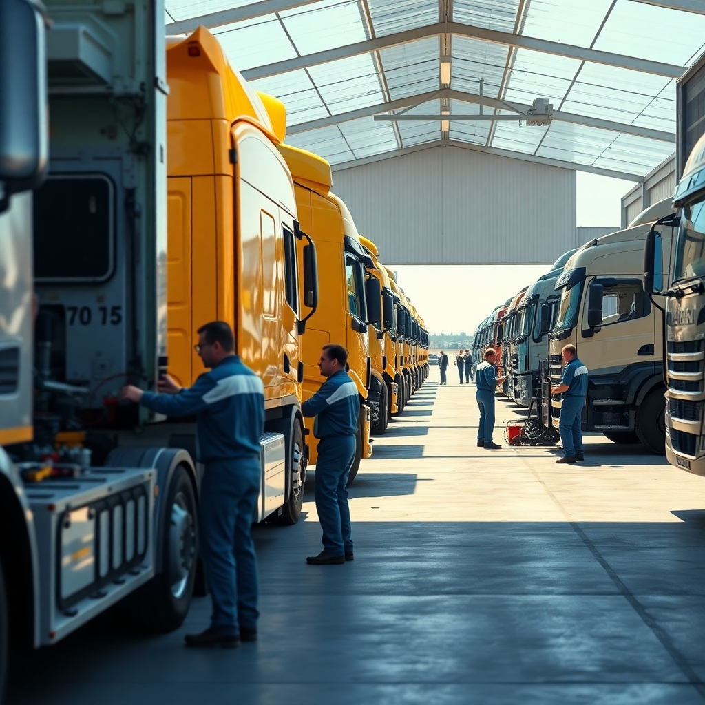 A photorealistic image of a mechanic performing a maintenance check on a fleet of trucks outside a repair facility. The scene should include several trucks in different colors, with mechanics inspecting engines and undercarriages. Bright, clear daylight enhances the atmosphere of efficiency.