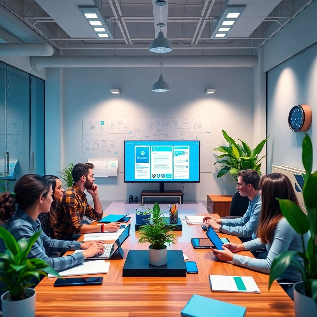 A photorealistic image of a modern office environment showcasing a team of diverse professionals collaborating on screens displaying chatbot designs. Soft diffused lighting enhances the bright and inviting atmosphere, with a color palette of blues and greens to convey innovation and growth. The camera angle should be slightly elevated, offering a top-down view of the workspace filled with gadgets, notebooks, and vibrant plants. Textures like polished wood furniture and sleek glass surfaces add a contemporary feel. Background elements should include a whiteboard filled with brainstorming notes and a digital clock ticking away. The style references include photorealistic illustrations by renowned commercial photographer Annie Leibovitz, aiming for 8K resolution and hyperrealistic details.