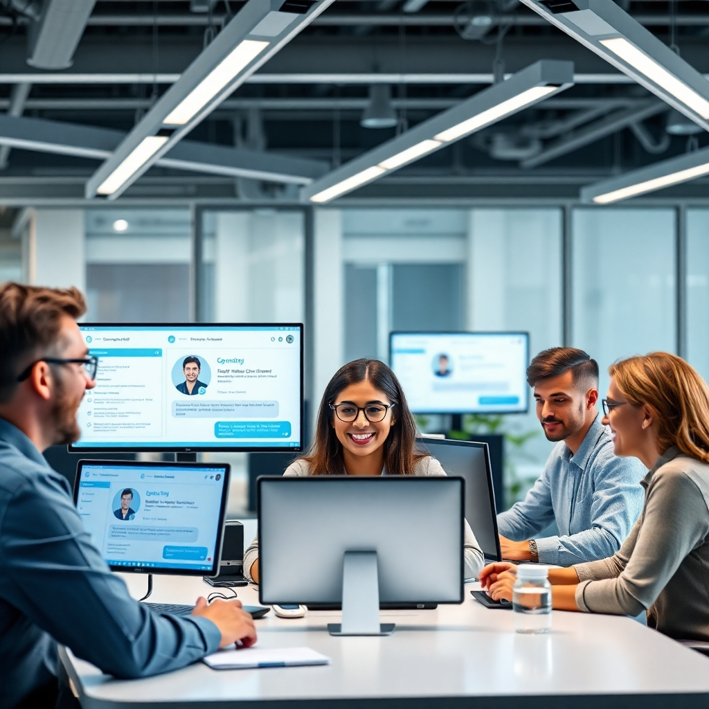 A photorealistic image of a modern office with a friendly chatbot interface displayed on multiple computer screens, showing customer inquiries being handled efficiently. Include diverse employees engaging with the technology, showcasing a positive work environment.