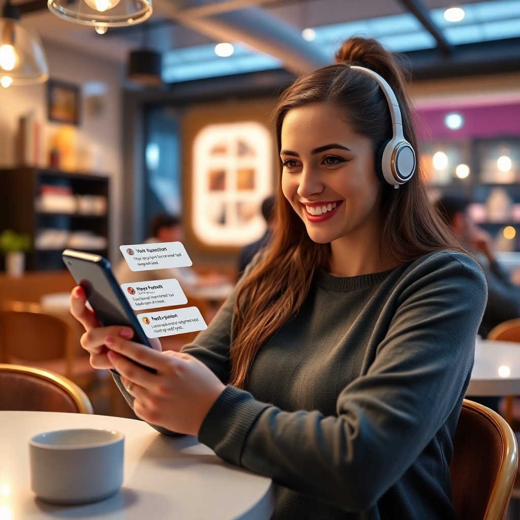 A photorealistic image of a personalized chatbot conversation on a smartphone, with tailored suggestions appearing based on user input. Show a happy user interacting with the chatbot in a vibrant café setting, creating a sense of personalized service.