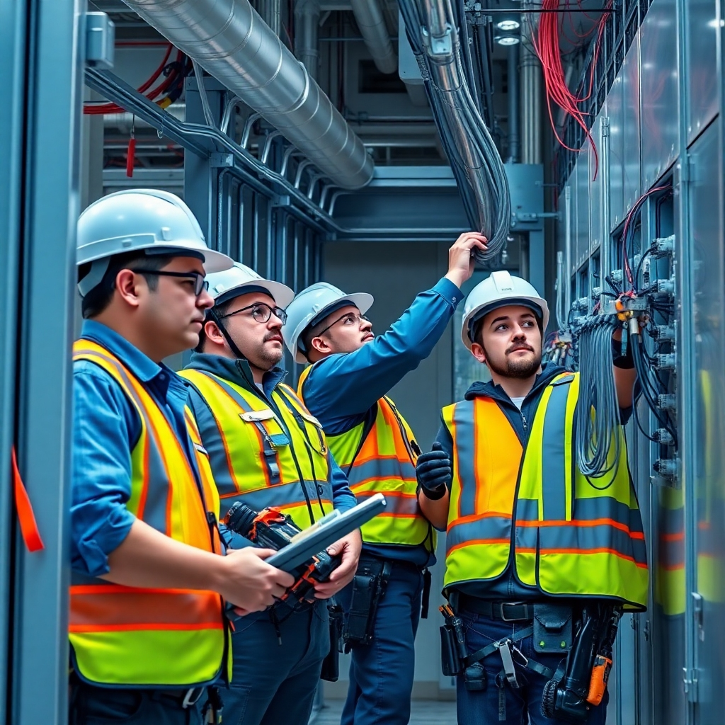 A photorealistic image of a team of certified electricians working on a large-scale electrical project in a commercial building. The electricians are wearing hard hats and safety vests, and they are using specialized tools to install wiring and electrical panels. The lighting is bright and focused, highlighting the technical nature of the work. The color palette is primarily blue and gray, with accents of yellow and red for safety warnings. The camera angle is a wide shot, capturing the scale of the project and the team's collaborative effort. Details include the electricians' focused expressions, the intricate wiring, and the overall sense of professionalism and expertise. Style references: industrial photography, technical documentation. Technical specs: 4K resolution, realistic rendering.