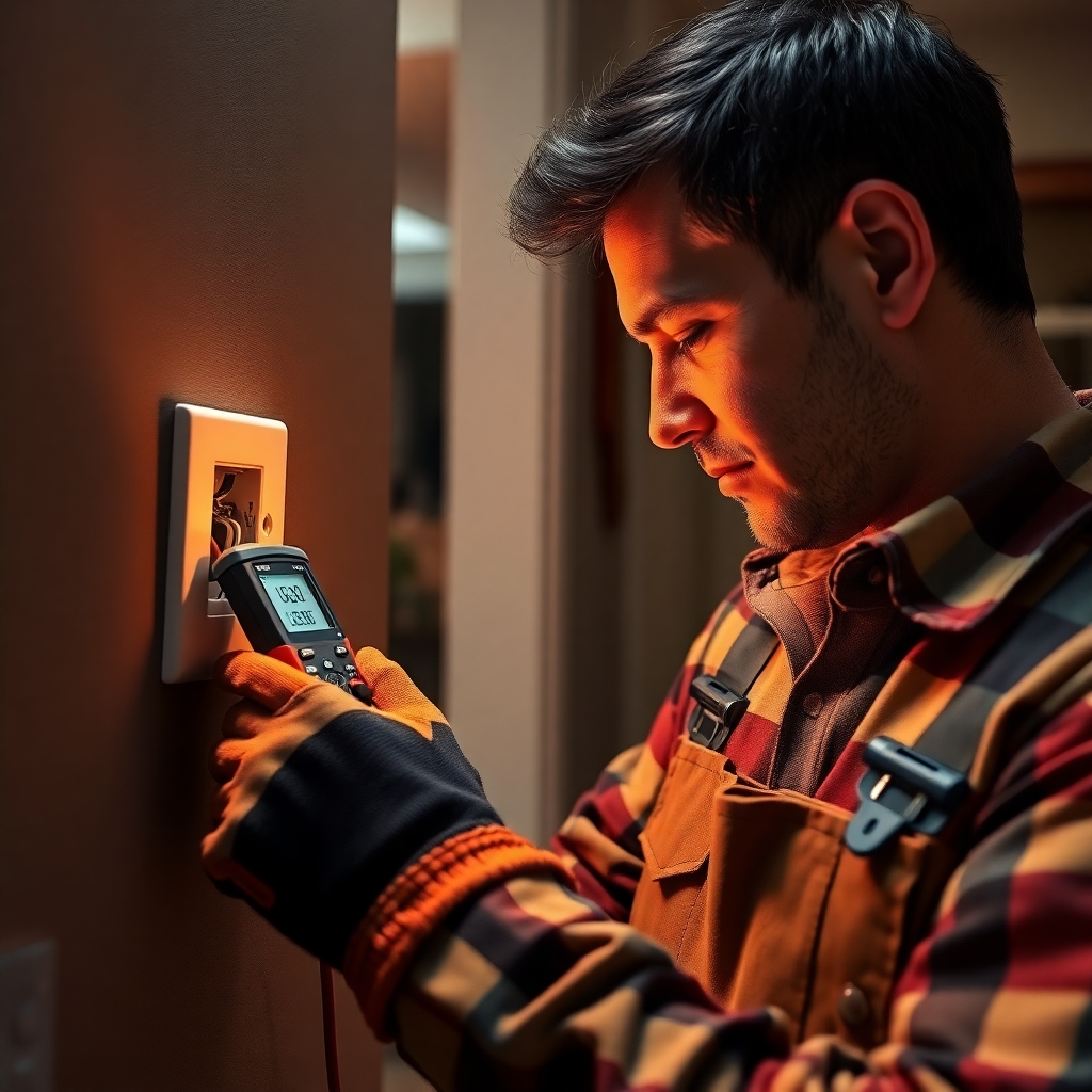 A photorealistic image of an electrician repairing a faulty electrical outlet in a residential setting. The electrician is using a multimeter to diagnose the problem, with safety gloves on. The lighting is focused on the outlet, highlighting the issue. The color palette is warm and inviting, with earthy tones and pops of color from the surrounding decor. The camera angle is a medium shot, capturing the electrician's focused expression and the tools being used. Details include the multimeter reading, the faulty wiring, and the overall sense of professionalism and problem-solving. Style references: lifestyle photography, home repair. Technical specs: 4K resolution, realistic rendering.